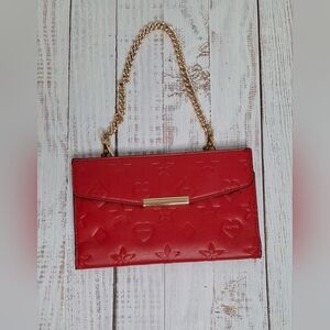 Aldo Red Wristlet With Gold Chain Hearts Star's And Diamonds Faux Leather*